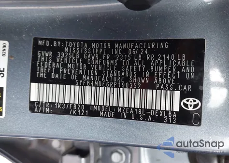 2024 Toyota Corolla Le z USA, uszkodzony, nr VIN 5YFB4MDE6RP190352